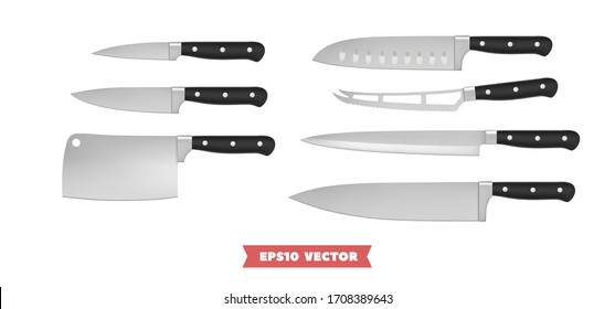 Kitchen knives 3d realistic collection. Different steel kitchenware set. Vector illustration.