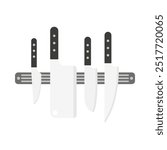 kitchen knives with black handles on magnetic holder, magnetic stand and set of various knives chef