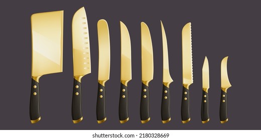 Kitchen knives, chef cutlery for cooking, cutting and carving food. Vector realistic set of 3d knives different types with golden sharp blades and black handles isolated on background