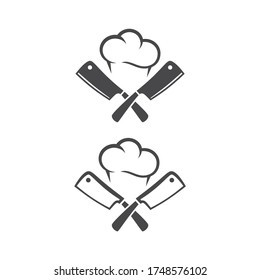Cuchillos de cocina o cuchillos cruzados, con el gorro del chef icono del pictograma vectorial negro. Logo para el restaurante.