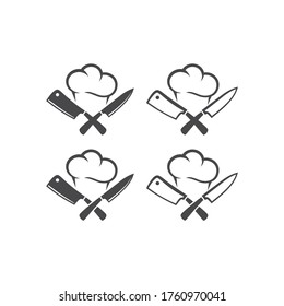 Kitchen knives or cleaver crossed with chef cap black vector pictogram icon. Logo for restaurant.