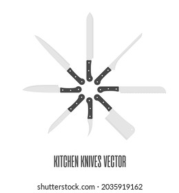 Colección de cuchillos de cocina en estilo plano. Conjunto de cuchillos de carne de carnicero para carnicería y diseño temas de carnicería. Ilustración del vector EPS 10.