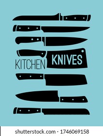 Kitchen knives collection. Poster for butcher with steel wares, chef set for steak and fish cuts cooking, vector illustration black silhouettes of knife on aquamarine background