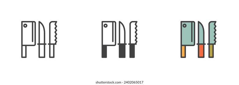 Cuchillos de cocina con un conjunto de iconos de estilo diferente. Línea, glifo y contorno relleno versión colorida, contorno y signo vectorial relleno. Símbolo, ilustración del logotipo. Gráficos vectoriales