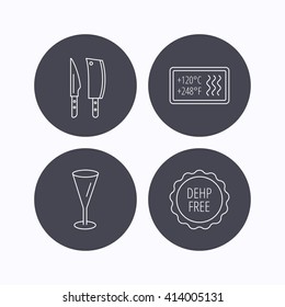 Kitchen knives, glass and heat-resistant icons. DEHP free linear sign. Flat icons in circle buttons on white background. Vector