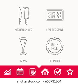 Kitchen knives, glass and heat-resistant icons. DEHP free linear sign. Edit document, Calendar and Graph chart signs. Star, Check and House web icons. Vector