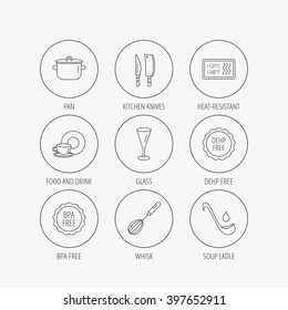 Kitchen knives, glass and pan icons. Food and drink, coffee cup and whisk linear signs. Soup ladle, heat-resistant and DEHP, BPA free icons. Linear colored in circle edge icons.