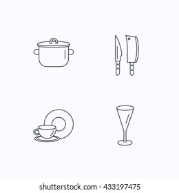 Kitchen knives, glass and pan icons. Food and drink linear sign. Flat linear icons on white background. Vector