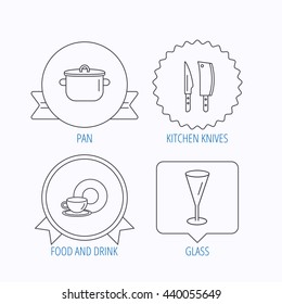 Kitchen knives, glass and pan icons. Food and drink linear sign. Award medal, star label and speech bubble designs. Vector