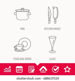 Kitchen knives, glass and pan icons. Food and drink linear sign. Edit document, Calendar and Graph chart signs. Star, Check and House web icons. Vector