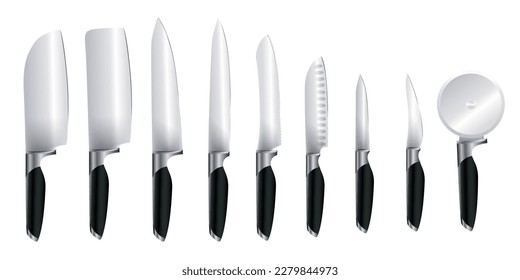 Kitchen knives hanging set isolated. meat chef cutting hatchet, cooking cutlery types. Sharp blade cooking tool for kitchen, folding combat knife, kitchenware for cutting of stainless steel