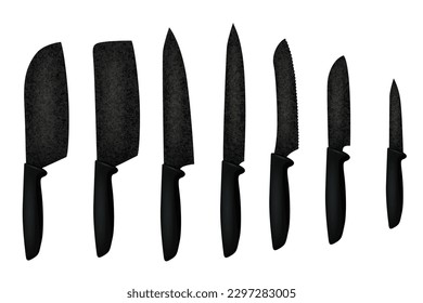 Kitchen knives hanging set isolated. meat chef cutting hatchet, cooking cutlery types. Sharp blade cooking tool for kitchen, folding combat knife, kitchenware for cutting of stainless steel