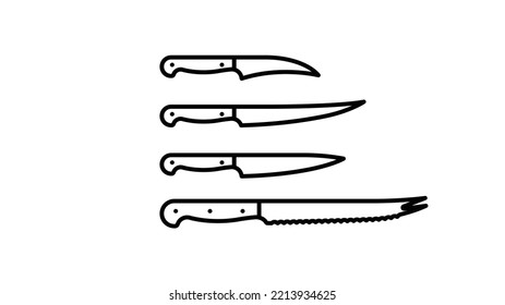 Kitchen knives icon set. Knife for peeling, cutting tomato and vegetable. Sharp tools for preparing food. Kitchen utensils in outline. Editable stroke.