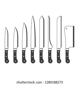 Kitchen Knives icon set. Meat cutting knives in flat style. Knifes collection isolated on white background. Chef knife. Vector illustration EPS 10.