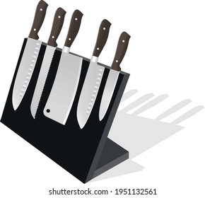 Kitchen knives on a magnetic stand.A desktop magnetic stand and a set of various knives.Chef's knife,sirloin,bread and others.Realistic vector illustration.