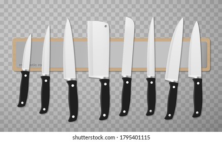 La cocina cuchilla mockups realistas para tu equipo de marca. Cuchillo, chopper, tallador, cortadora con mangos negros de diferentes tamaños están en el corte, tabla de corte. Cuchillos vectoriales aislados en transparente.