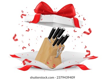 Kitchen knives and scissors with wooden block inside open gift box, present concept. 3D rendering isolated on white background. Butcher knives, chef knife, versatile, for slicing fruits, vegetables.