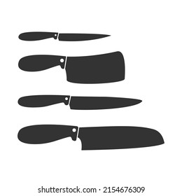 Kitchen Knives Set. Black Chef Knife Silhouette. Vector Isolated On White.