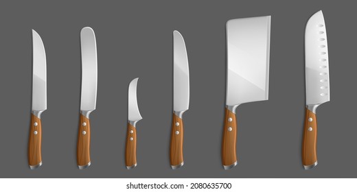 Kitchen knives set, meat chef cutting hatchet, cooking cutlery types, realistic kitchenware meat carving, butter, birds beak paring, cleaver and santoku isolated steel choppers, 3d vector illustration