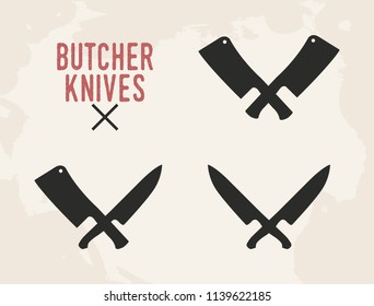 Kitchen knives set. Meat cleaver and kitchen knife. Vintage design. Vector illustration.