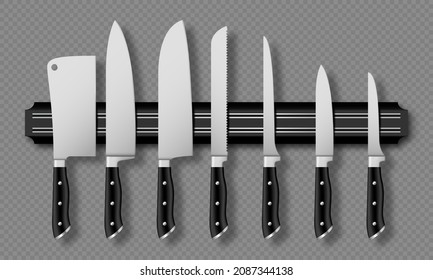 Kitchen knives set on magnetic holder. Vector realistic diffrent kitchen knives closeup isolated on transparent background.