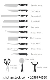 Kitchen knives set with signature names on white background. Vector illustration.