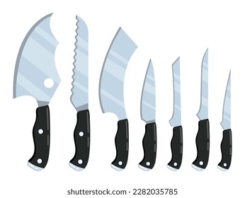 Cuchillos de cocina ponen vector. Cuchillos de cocina profesional para cortar carne, verduras, utensilios de cocina para cortar, cocinas a cuchillas para restaurantes, cafés. Colección de acero inoxidable en estilo plano.