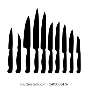 Kitchen knives set vector silhouette illustration. Kitchen knife vector isolated on white background. Major tool for cooking in home or restaurant.