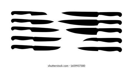 Kitchen knives set vector silhouette illustration. Kitchen knife vector isolated on white background. Major tool for cooking in home or restaurant.