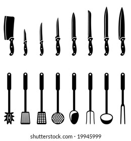 kitchen knives and utensils black and white silhouettes (also available in raster format)