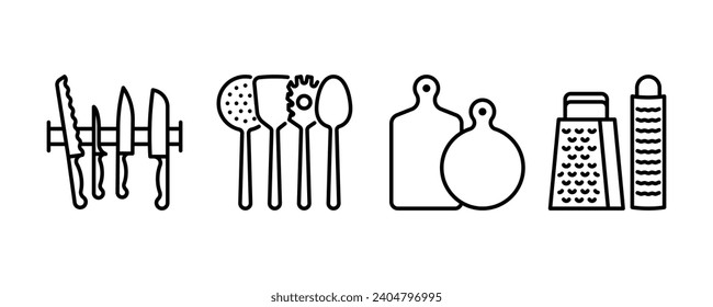 Cuchillos de cocina, utensilios, tabla de corte, rallador - ícono de línea de utensilios de cocina. Ilustración lineal relacionada con la cocina. Accidente cerebral editable, trazo delgado.