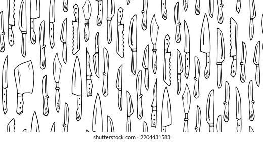 Kitchen knives for various purposes. Rectangular seamless pattern. cooking appliances. Outline hand drawn sketch. Drawing with ink. Isolated on white background. Vector.