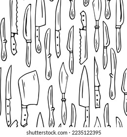 Kitchen knives for various purposes. Seamless pattern. cooking appliances. Outline hand drawn sketch. Drawing with ink. Isolated on white background. Vector.