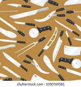 Kitchen knives vector butcher meat knife set chef cutting with kitchen drawknife or cleaver and sharp knifepoint illustration seamless pattern background