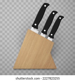 Kitchen knives in wooden block organizer for storage realistic vector illustration. Knife handles in box rack holder stainless tool for cooking. Cuisine accessory with blade for cutting chopping slice