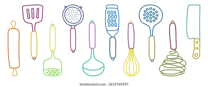 Kitchen knolling. Kitchenware colorful sketch set. Doodle line vector utensils, tools and cutlery