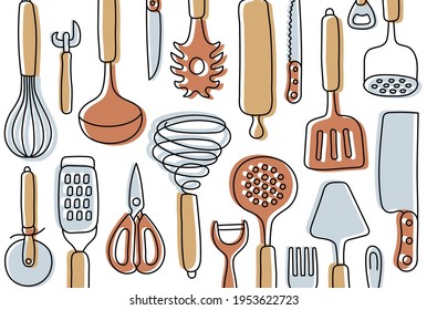 Kitchen knolling. Kitchenware sketch set. Doodle line vector utensils, tools and cutlery. Whisk, slotted spoon, scissors, rolling pin, ladle and spatula. Knife, fork, peeler and opener. 