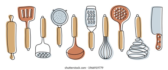 Kitchen knolling. Kitchenware sketch set. Doodle line vector utensils, tools and cutlery. Rolling pin, spatula, crush and sieve. Ladle, grater, whisk, slotted spoon and knife