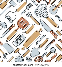 Kitchen knolling seamless pattern. Kitchenware sketch set. Doodle line vector utensils, tools and cutlery. Spatula, spoon, knife, sieve and scissors. Vegetable peeler, whisk and bottle opener