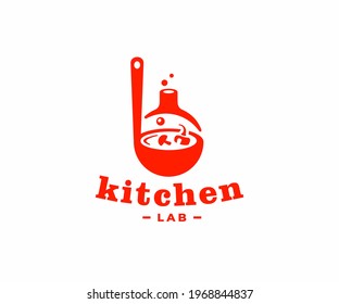 Diseño del logo del laboratorio de cocina. Diseño de vectores alimentarios de cocina. Ladle con sopa y logotipo del matraz de laboratorio