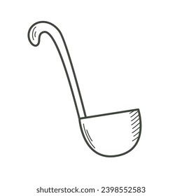 Kitchen ladle doodle sketch style. Simple ink line scoop for soup or sauce. Home kitchen utensil, isolated vector illustration