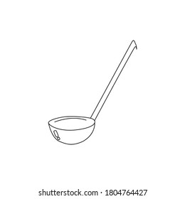 kitchen ladle, kitchen equipment for making soups, long handle tool, vector outline illustration for design and creativity