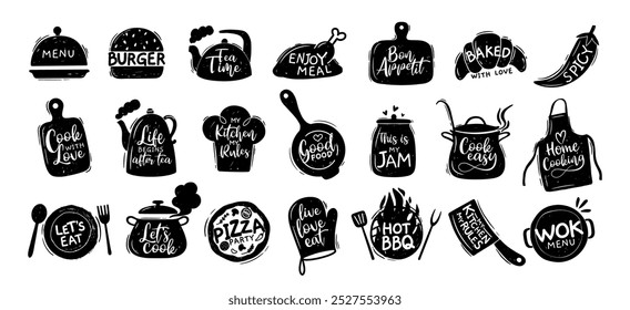 Kitchen lettering. Cooking food lettering, quotes silhouette sticker. Bakery label, cafe and shop menu element, dishes patch. Pizza, burger, wok vector elements set.