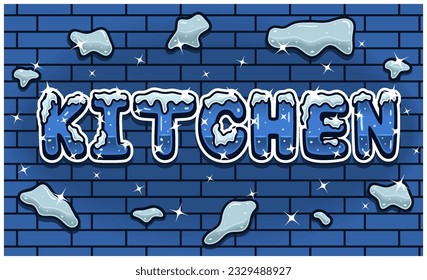 Letras De Cocina Con Fuente De Hielo De Nieve En Fondo De Pared De Ladrillo Para Plantilla De Firma. Efecto de texto y degradados simples. Ilustraciones de vectores.