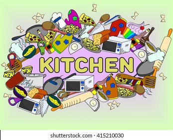 Kitchen line art design vector illustration. Separate objects. Hand drawn doodle design elements.