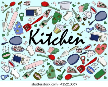 Kitchen line art design vector illustration. Separate objects. Hand drawn doodle design elements.