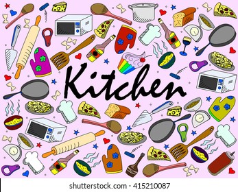 Kitchen line art design vector illustration. Separate objects. Hand drawn doodle design elements.