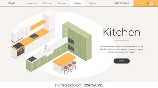 Kitchen - line design style isometric web banner on white background with copy space for text. A header with different furniture. Stove, sink, refrigerator, bar counter and chairs. Cozy apartment