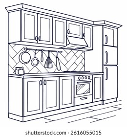 Kitchen Line Drawing – Cabinets, Stove, and Cooking Utensils