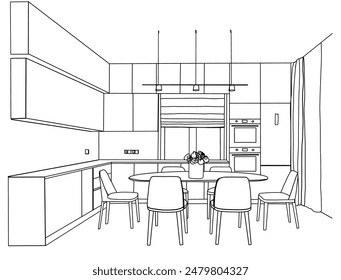 Kitchen line drawing. Table and chair sketch